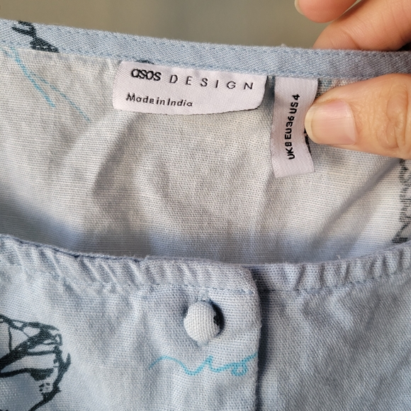 ASOS DESIGN slash neck button down dropped waist mini sundress blue floral Sz 4 - Picture 6 of 13